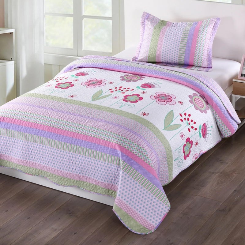 MarCielo 2 Piece Kids Bedspread Quilts Set Throw Blanket for Teens Girls Bed Printed Bedding Coverlet, Twin Size, Purple Floral Striped (Twin) - Image 1